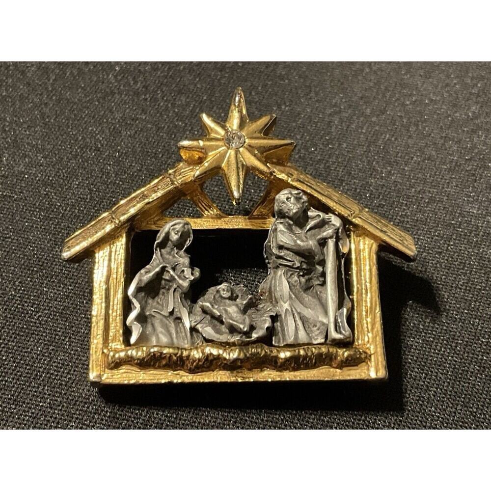 Vintage 2 Gold Tone & Pewter Nativity Brooch.